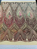 Geometric Sequin Fabric - Green / Purple Iridescent - Fancy Design 4 Way Stretch Lace Sequin By Yard