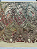 Geometric Sequin Fabric - Green / Purple Iridescent - Fancy Design 4 Way Stretch Lace Sequin By Yard