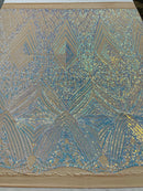 Geometric Sequin Fabric - Iridescent Aqua - Fancy Design 4 Way Stretch Lace Sequin By Yard