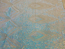 Geometric Sequin Fabric - Iridescent Aqua - Fancy Design 4 Way Stretch Lace Sequin By Yard