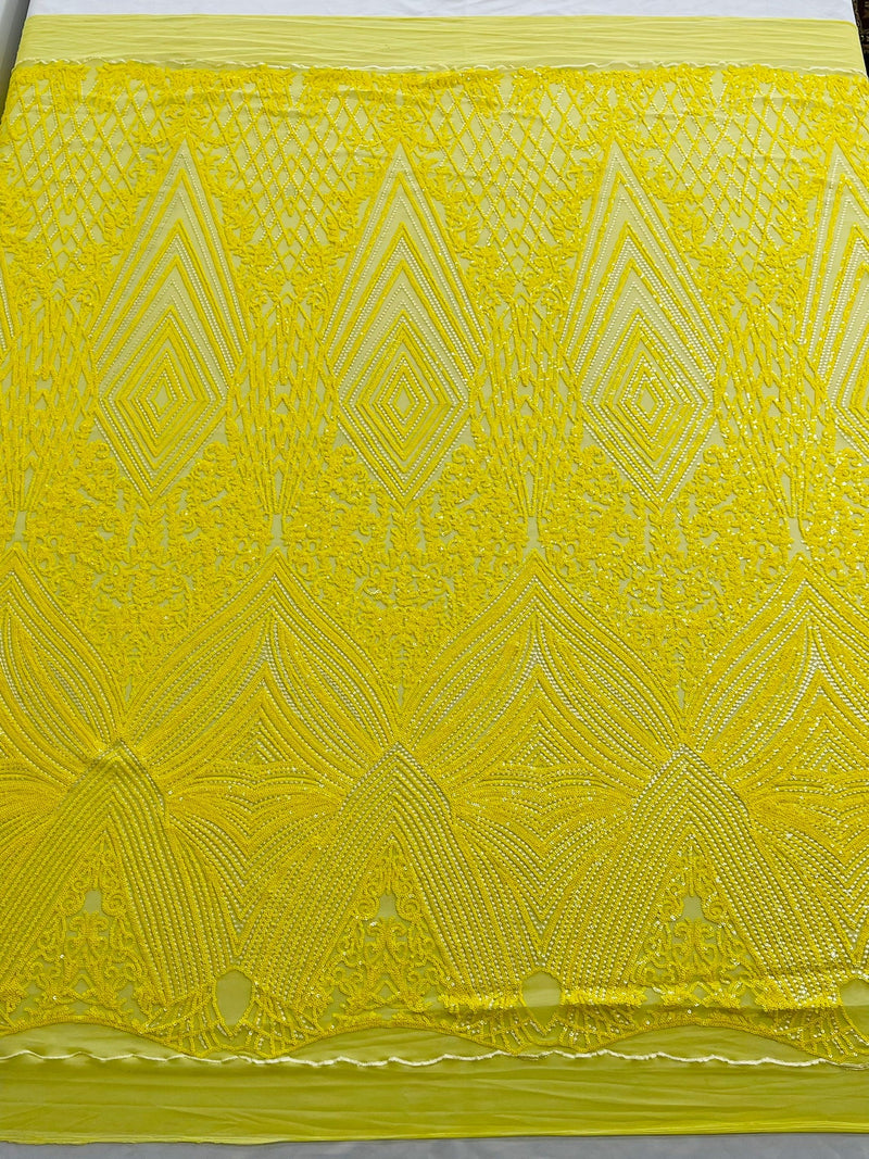Geometric Sequin Fabric - Yellow - Fancy Design 4 Way Stretch Lace Sequin By Yard
