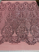 Damask Stretch Sequin - Dusty Rose - Designer Damask Fabric on 4 Way Stretch Mesh Yard