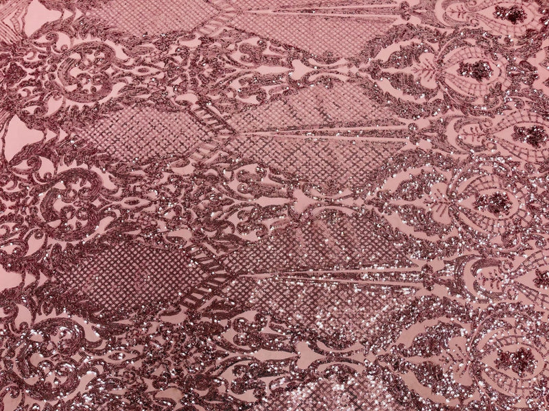 Damask Stretch Sequin - Dusty Rose - Designer Damask Fabric on 4 Way Stretch Mesh Yard