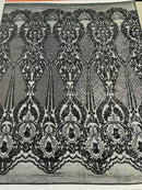Damask Stretch Sequin - Black - Designer Damask Fabric on 4 Way Stretch Mesh Yard