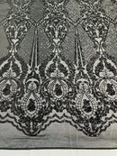 Damask Stretch Sequin - Black - Designer Damask Fabric on 4 Way Stretch Mesh Yard