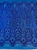 Damask Stretch Sequin - Royal Blue - Designer Damask Fabric on 4 Way Stretch Mesh Yard