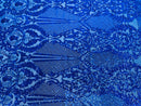 Damask Stretch Sequin - Royal Blue - Designer Damask Fabric on 4 Way Stretch Mesh Yard