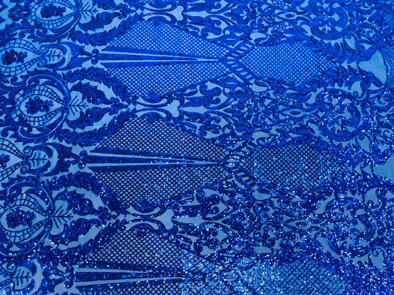 Damask Stretch Sequin - Royal Blue - Designer Damask Fabric on 4 Way Stretch Mesh Yard