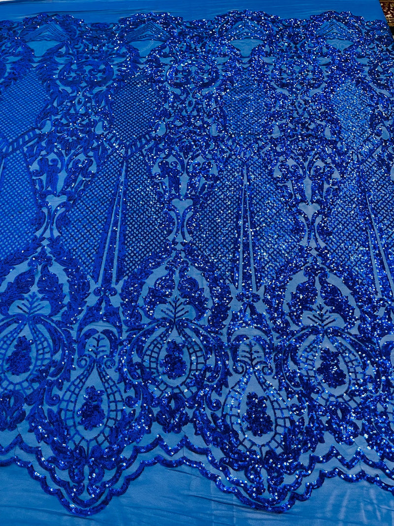 Damask Stretch Sequin - Royal Blue - Designer Damask Fabric on 4 Way Stretch Mesh Yard
