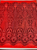 Damask Stretch Sequin - Red - Designer Damask Fabric on 4 Way Stretch Mesh Yard