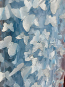 3D Butterfly Design - Blue - Embroidered 3D Butterfly Design On Lace Mesh Fabric By Yard