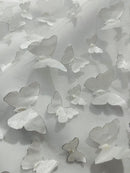 3D Butterfly Design - White - Embroidered 3D Butterfly Design On Mesh By Yard