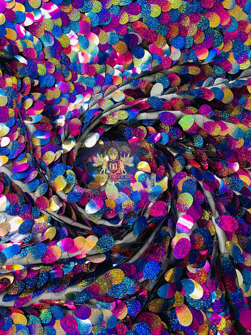 Jumbo Oval Sequins - Holographic Rainbow - Large Oval Sequins Paillette on Mesh By Yard