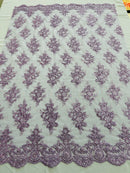 Floral Bridal Lace - Lilac - Flower Damask Design Embroidered on Mesh Lace Fabric