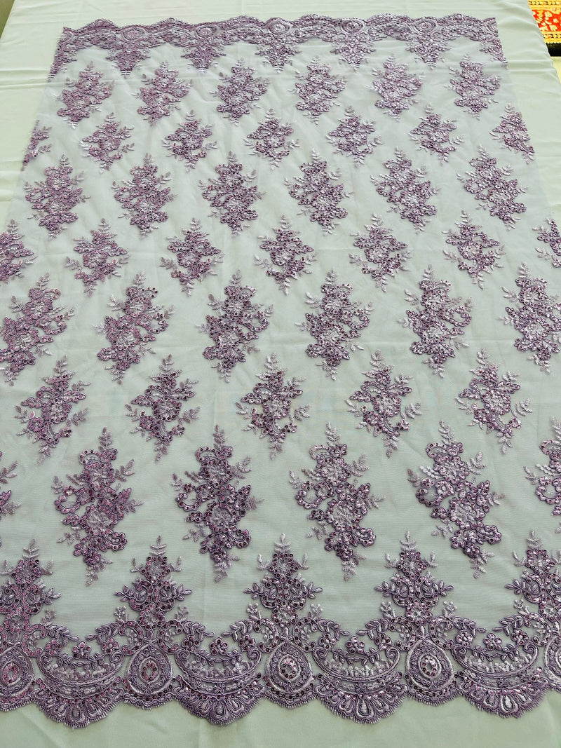 Floral Bridal Lace - Lilac - Flower Damask Design Embroidered on Mesh Lace Fabric