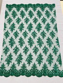 Floral Bridal Lace - Hunter Green - Flower Damask Design Embroidered on Mesh Lace Fabric