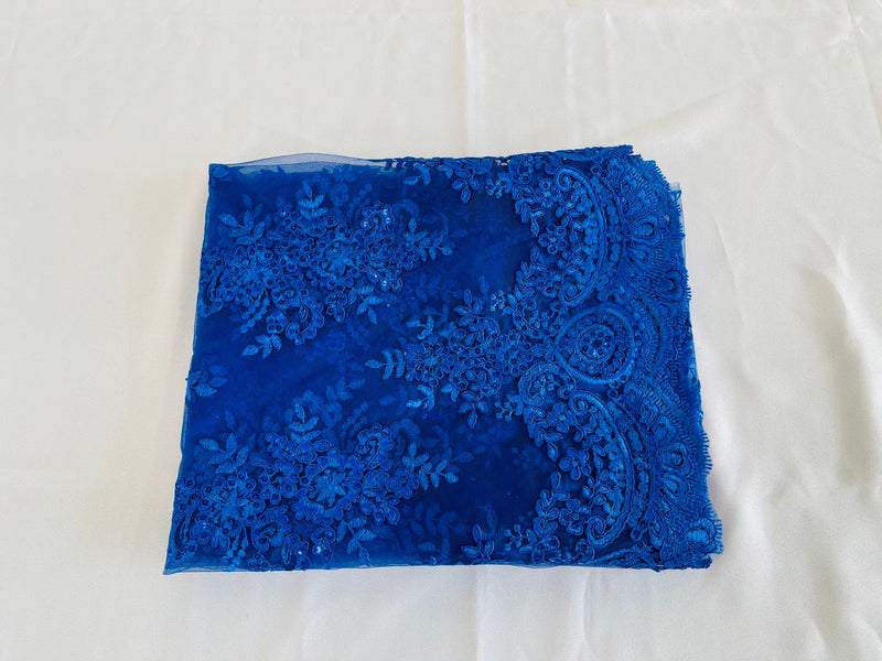 Floral Bridal Lace - Royal Blue - Flower Damask Design Embroidered on Mesh Lace Fabric