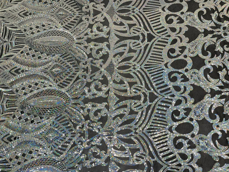 Iridescent Sequin Fabric - Holographic Silver - 4 Way Stretch Royalty Lace Sequin By Yard