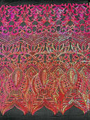 Iridescent Sequin Fabric - Orange/Fuschia - 4 Way Stretch Royalty Lace Sequin By Yard