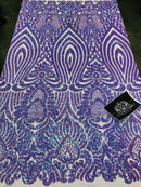 Sequin Damask Design - Lilac/ Aqua - 4 Way Stretch Sequin Fabric on Nude Spandex Mesh By Yard