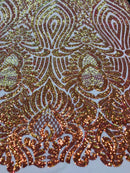 Sequin Damask Design - Orange Iridescent - Nude 4 Way Stretch Sequin Fabric Spandex Mesh By Yard