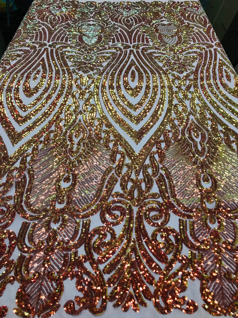 Sequin Damask Design - Orange Iridescent - Nude 4 Way Stretch Sequin Fabric Spandex Mesh By Yard