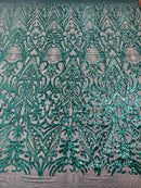 Sequins Fabric - Teal Green - Damask Pattern 4 Way Stretch Fabric Sold By Yard
