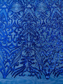 Sequins Fabric - Royal Blue - Damask Pattern 4 Way Stretch Fabric Sold By Yard