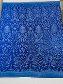 Sequins Fabric - Royal Blue - Damask Pattern 4 Way Stretch Fabric Sold By Yard