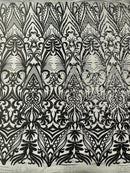 Sequins Fabric - Black - Damask Pattern 4 Way Stretch Fabric Sold By Yard