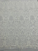 Sequins Fabric - White - Damask Pattern 4 Way Stretch Fabric Sold By Yard