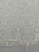 Sequins Fabric - White - Damask Pattern 4 Way Stretch Fabric Sold By Yard