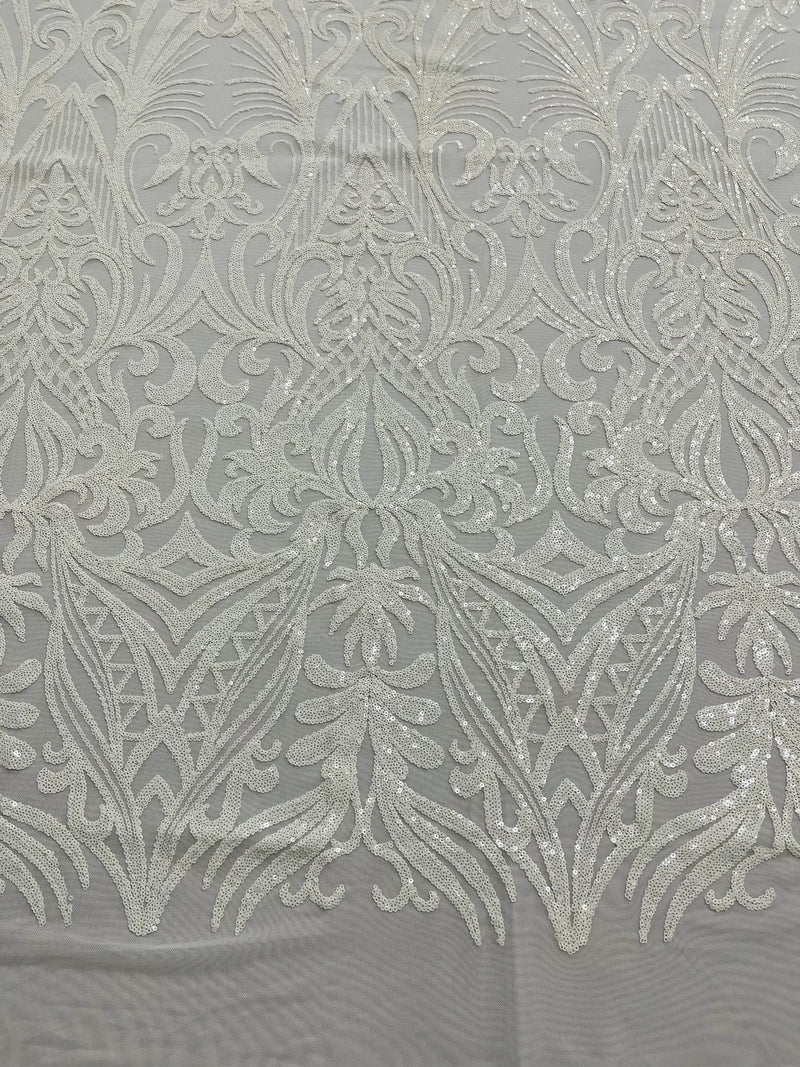 Sequins Fabric - White - Damask Pattern 4 Way Stretch Fabric Sold By Yard