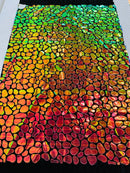 Jumbo Sequins - Iridescent Orange/Green - Geometric Round Pattern Sequins on 2 Way Strech Velvet By Yard