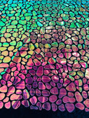 Jumbo Sequins - Iridescent Orange/Green - Geometric Round Pattern Sequins on 2 Way Strech Velvet By Yard