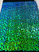 Jumbo Sequins - Iridescent Green - Geometric Pattern Sequins on 2 Way Strech Velvet By Yard