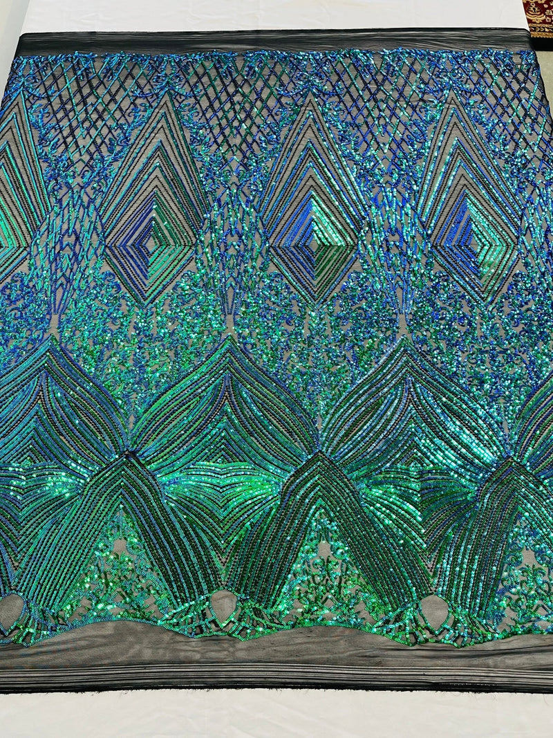 Geometric Sequin Fabric - Green Mermaid - Fancy Design 4 Way Stretch Lace Sequin By Yard