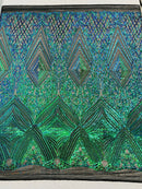 Geometric Sequin Fabric - Green Mermaid - Fancy Design 4 Way Stretch Lace Sequin By Yard