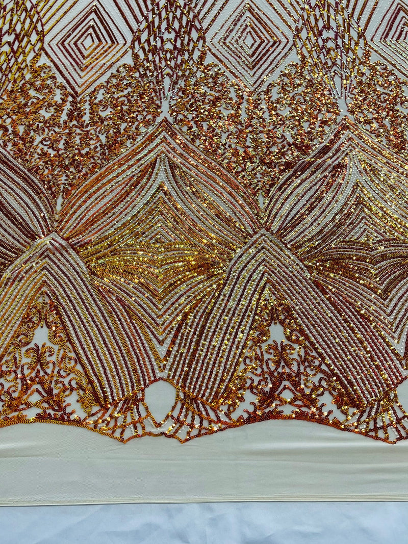 Geometric Sequin Fabric - Iridescent Orange on Nude - Fancy Design 4 Way Stretch Lace Sequin By Yard
