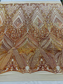Geometric Sequin Fabric - Iridescent Orange on Nude - Fancy Design 4 Way Stretch Lace Sequin By Yard