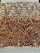Geometric Sequin Fabric - Iridescent Orange on Nude - Fancy Design 4 Way Stretch Lace Sequin By Yard
