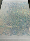 Geometric Sequin Fabric - Iridescent Clear - Fancy Design 4 Way Stretch Lace Sequin By Yard