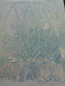 Geometric Sequin Fabric - Iridescent Clear - Fancy Design 4 Way Stretch Lace Sequin By Yard