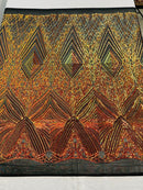 Geometric Sequin Fabric - Iridescent Orange on Black - Fancy Design 4 Way Stretch Lace Sequin By Yard