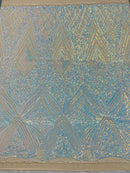 Geometric Sequin Fabric - Iridescent Aqua - Fancy Design 4 Way Stretch Lace Sequin By Yard