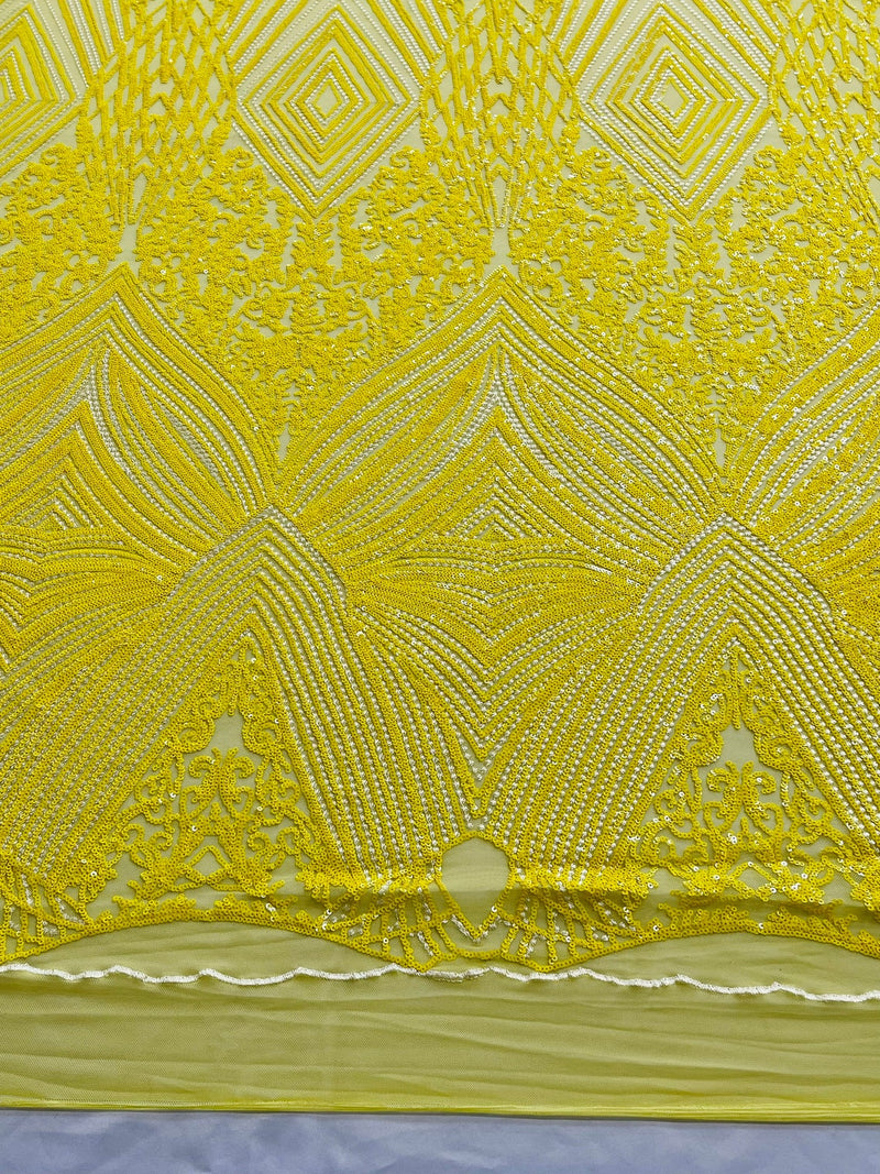 Geometric Sequin Fabric - Yellow - Fancy Design 4 Way Stretch Lace Sequin By Yard