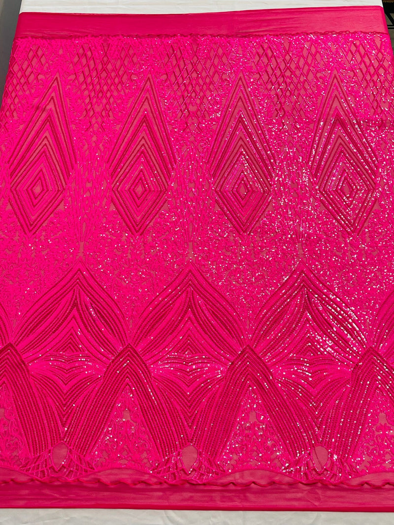 Geometric Sequin Fabric - Hot Pink - Fancy Design 4 Way Stretch Lace Sequin By Yard