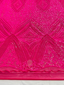 Geometric Sequin Fabric - Hot Pink - Fancy Design 4 Way Stretch Lace Sequin By Yard