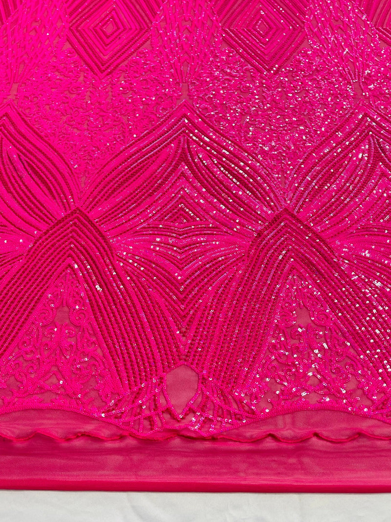Geometric Sequin Fabric - Hot Pink - Fancy Design 4 Way Stretch Lace Sequin By Yard