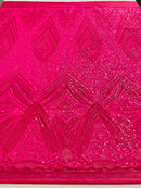 Geometric Sequin Fabric - Hot Pink - Fancy Design 4 Way Stretch Lace Sequin By Yard